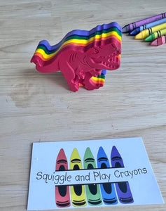 rainbow coloured standing roaring t-rex  crayon