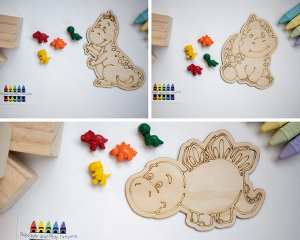 three pictures in one collage. Each pic has four small dinosaur crayons. one shaped as a triceratops, one shaped as a stegosaurs, one shaped as T-rex and one shaped as a brachiosaurs. With one standing t-rex wooden cutout, one stegosaurs wooden cutout or one sitting t-rex wooden cutout