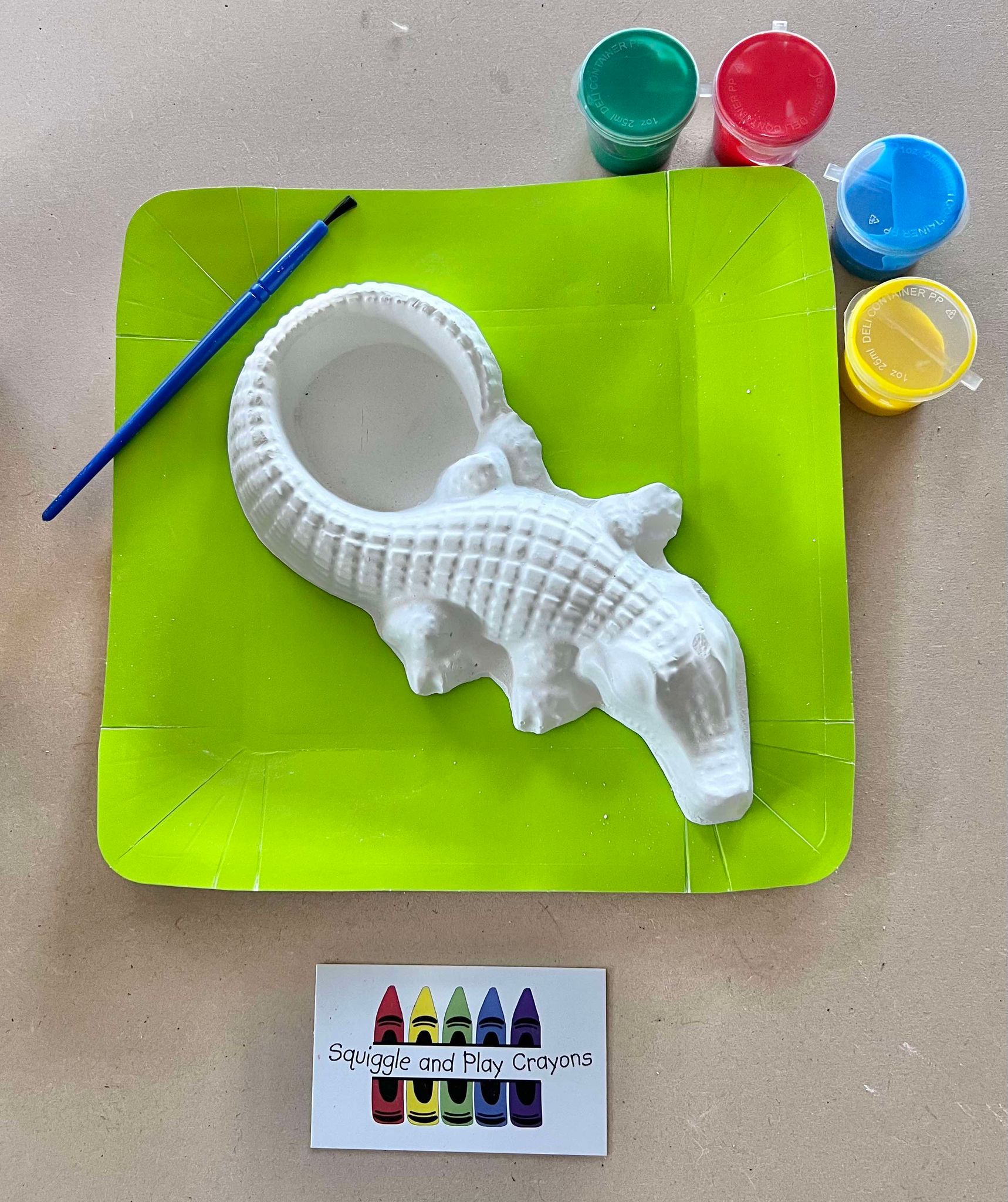 Crocodile shaped plaster with a paintbrush and four different coloured paints in small containers