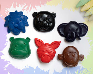 6 large 3D crayons in the shape of wild animal faces: a lion, a panda, an elephant, a hippo, a donkey, and a monkey