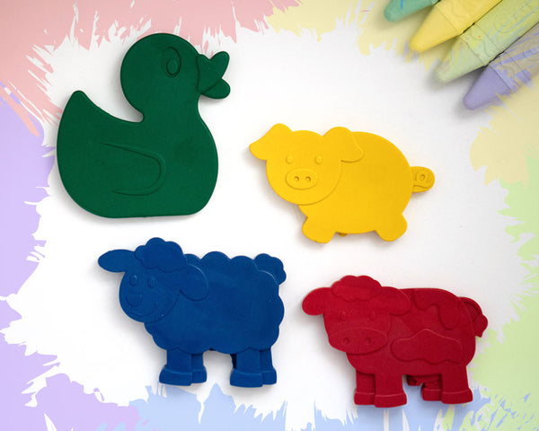 4 large crayons: a duck, a pig, a sheep, and a cow